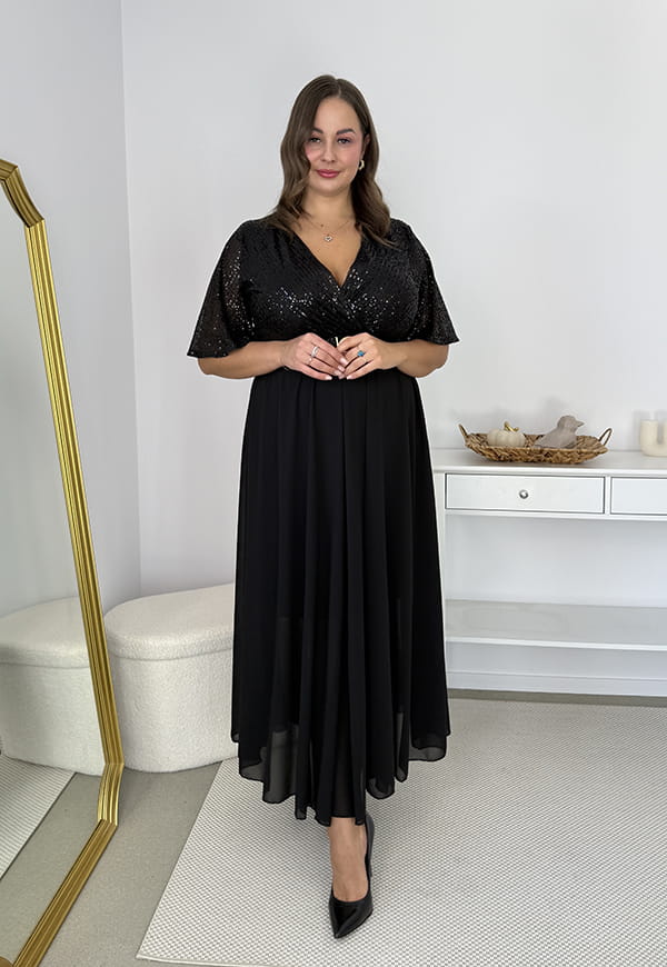 GRACY MAXI SUKIENKA DŁUGA PLUS SIZE Z SZYFONOWYM DOŁEM I CEKINAMI. CZARNA 03 image 7