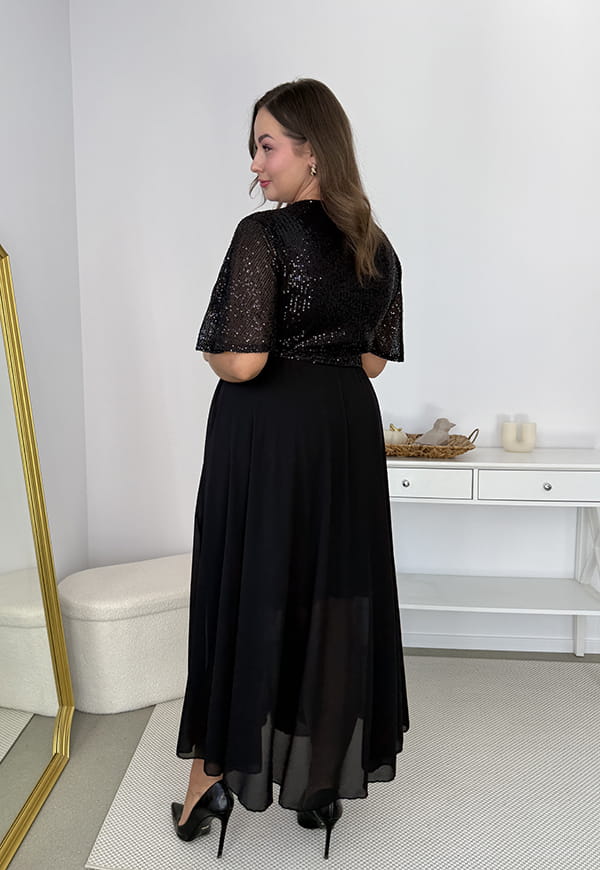 GRACY MAXI SUKIENKA DŁUGA PLUS SIZE Z SZYFONOWYM DOŁEM I CEKINAMI. CZARNA 03 image 9