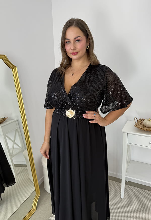 GRACY MAXI SUKIENKA DŁUGA PLUS SIZE Z SZYFONOWYM DOŁEM I CEKINAMI. CZARNA 03 image 2