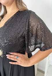 GRACY MAXI SUKIENKA DŁUGA PLUS SIZE Z SZYFONOWYM DOŁEM I CEKINAMI. CZARNA 03 image 10