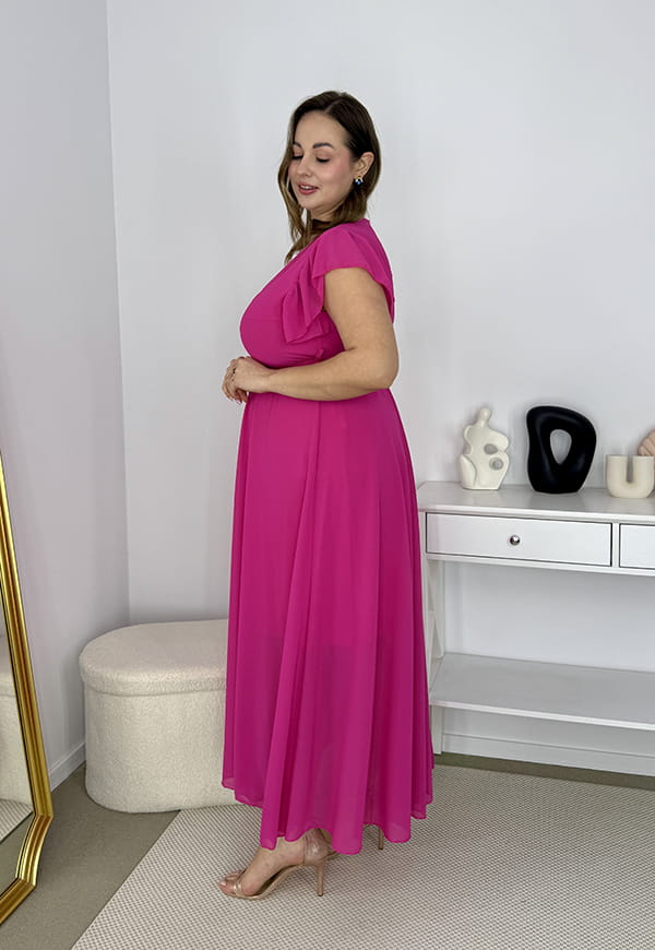 AGNES DŁUGA SZYFONOWA SUKIENKA MAXI ROZKLOSZOWANA Z PASKIEM. FUKSJA 05 image 9