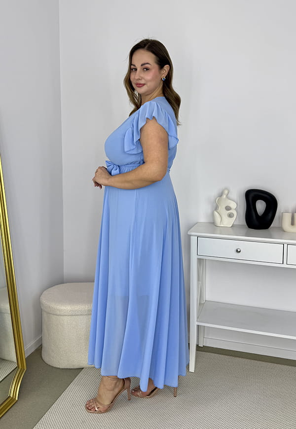 AGNES DŁUGA SZYFONOWA SUKIENKA MAXI ROZKLOSZOWANA Z PASKIEM. BŁĘKITNA 02 image 8