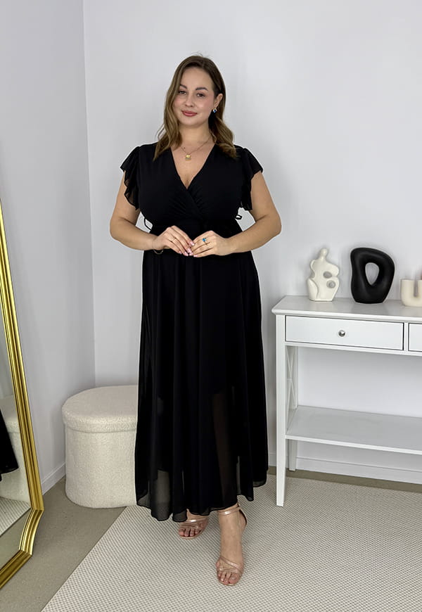 AGNES DŁUGA SZYFONOWA SUKIENKA MAXI ROZKLOSZOWANA Z PASKIEM. CZARNA  09 image 5