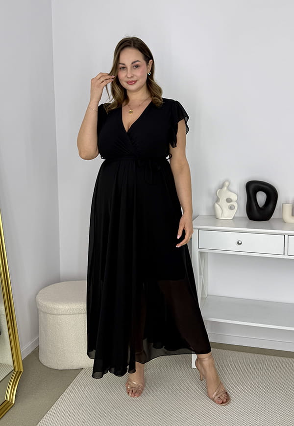 AGNES DŁUGA SZYFONOWA SUKIENKA MAXI ROZKLOSZOWANA Z PASKIEM. CZARNA  09 image 6