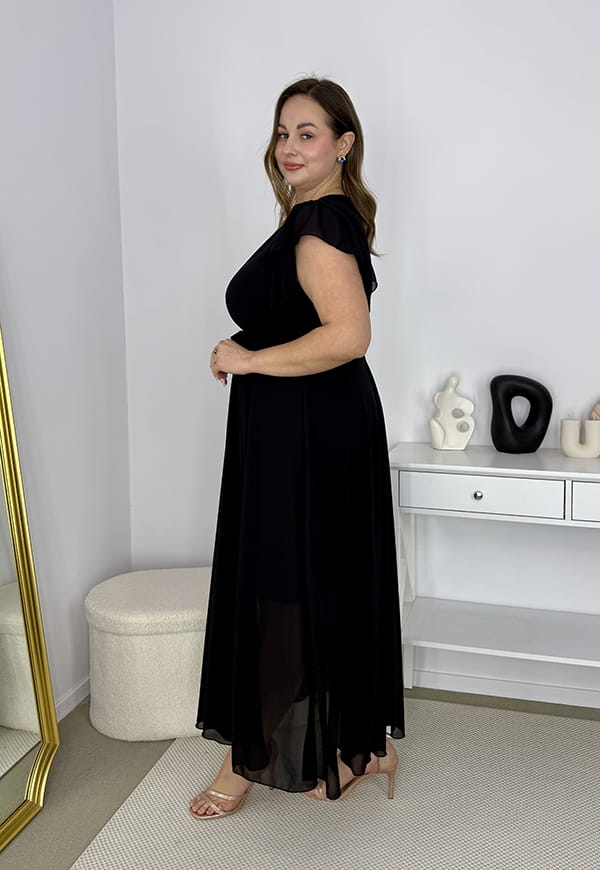 AGNES DŁUGA SZYFONOWA SUKIENKA MAXI ROZKLOSZOWANA Z PASKIEM. CZARNA  09 image 8