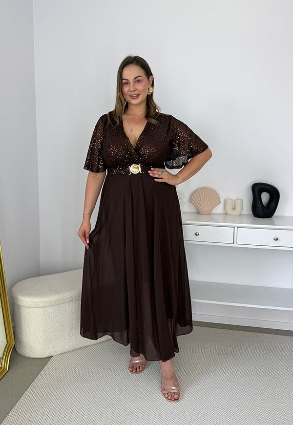 GRACY MAXI SUKIENKA DŁUGA PLUS SIZE Z SZYFONOWYM DOŁEM I CEKINAMI. CZEKOLADOWA 10 image 6
