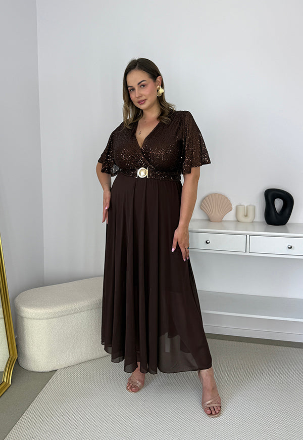 GRACY MAXI SUKIENKA DŁUGA PLUS SIZE Z SZYFONOWYM DOŁEM I CEKINAMI. CZEKOLADOWA 10 image 7