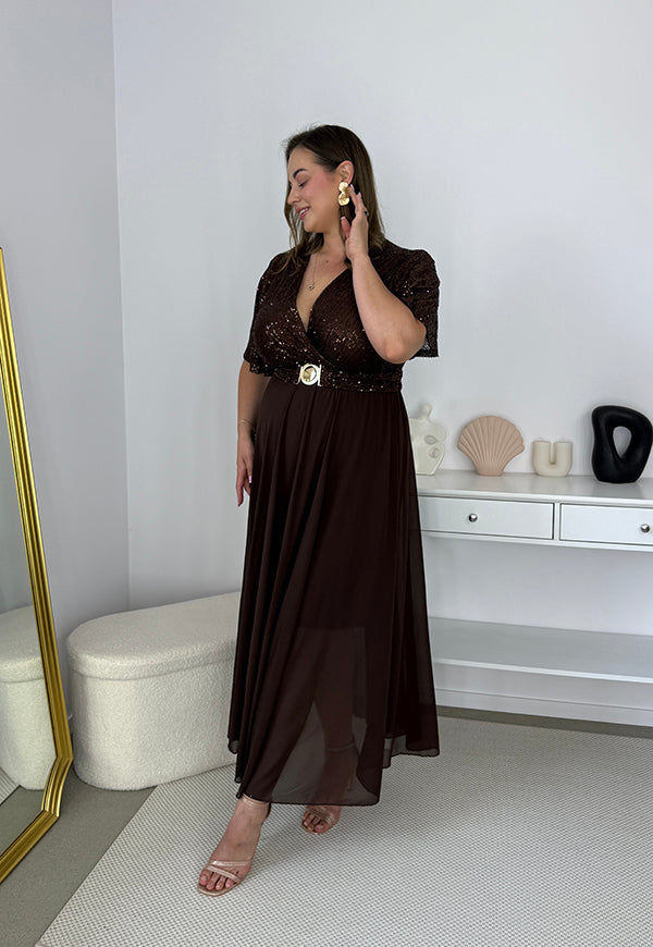 GRACY MAXI SUKIENKA DŁUGA PLUS SIZE Z SZYFONOWYM DOŁEM I CEKINAMI. CZEKOLADOWA 10 image 9
