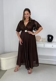 GRACY MAXI SUKIENKA DŁUGA PLUS SIZE Z SZYFONOWYM DOŁEM I CEKINAMI. CZEKOLADOWA 10 image 10