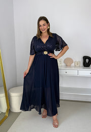 GRACY MAXI SUKIENKA DŁUGA PLUS SIZE Z SZYFONOWYM DOŁEM I CEKINAMI. GRANATOWA 08 image 2