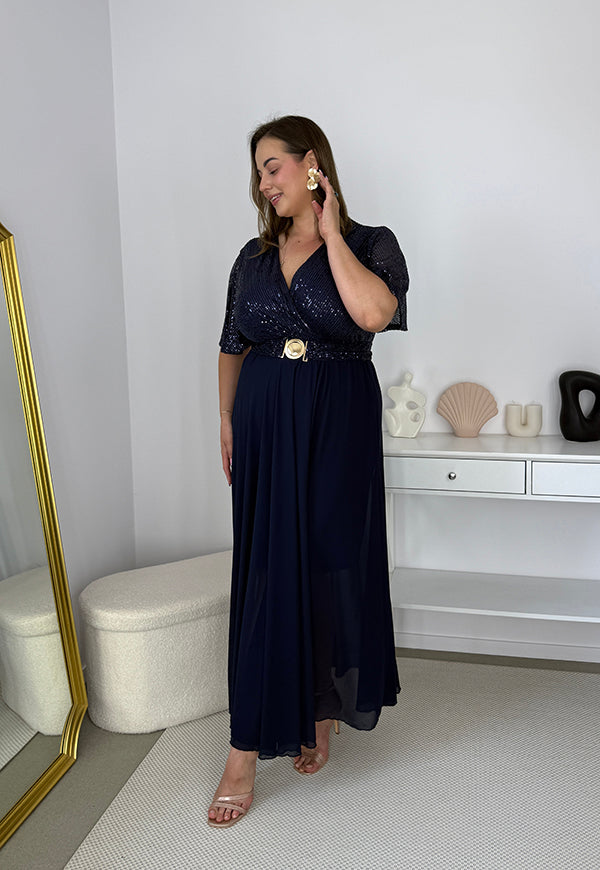GRACY MAXI SUKIENKA DŁUGA PLUS SIZE Z SZYFONOWYM DOŁEM I CEKINAMI. GRANATOWA 08 image 9