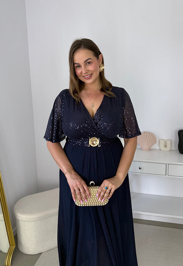 GRACY MAXI SUKIENKA DŁUGA PLUS SIZE Z SZYFONOWYM DOŁEM I CEKINAMI. GRANATOWA 08 image 6