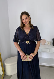 GRACY MAXI SUKIENKA DŁUGA PLUS SIZE Z SZYFONOWYM DOŁEM I CEKINAMI. GRANATOWA 08 image 6