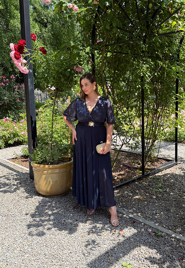 GRACY MAXI SUKIENKA DŁUGA PLUS SIZE Z SZYFONOWYM DOŁEM I CEKINAMI. GRANATOWA 08 image 4
