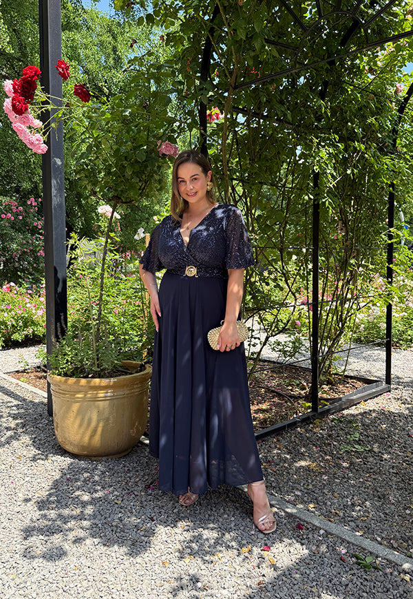 GRACY MAXI SUKIENKA DŁUGA PLUS SIZE Z SZYFONOWYM DOŁEM I CEKINAMI. GRANATOWA 08 image 3