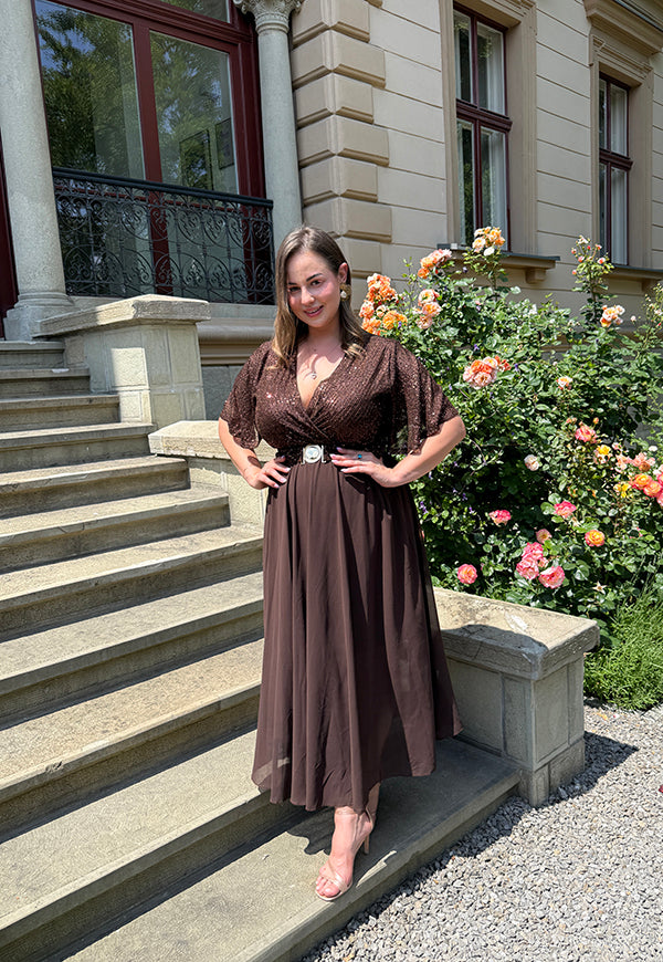 GRACY MAXI SUKIENKA DŁUGA PLUS SIZE Z SZYFONOWYM DOŁEM I CEKINAMI. CZEKOLADOWA 10 image 3