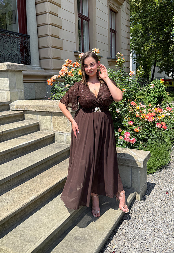 GRACY MAXI SUKIENKA DŁUGA PLUS SIZE Z SZYFONOWYM DOŁEM I CEKINAMI. CZEKOLADOWA 10