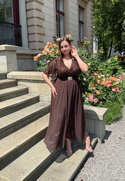 GRACY MAXI SUKIENKA DŁUGA PLUS SIZE Z SZYFONOWYM DOŁEM I CEKINAMI. CZEKOLADOWA 10