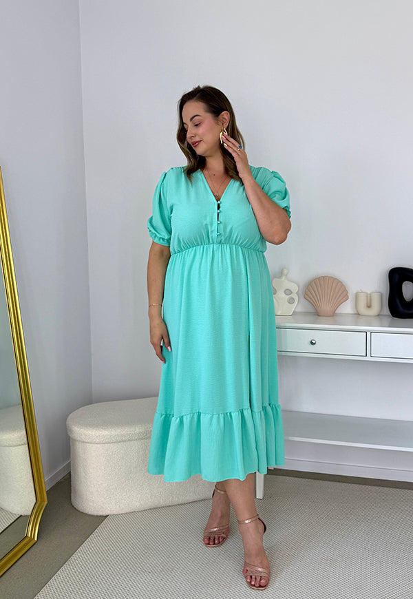 AMANDA GŁADKA MAXI PLUS SIZE SUKIENKA Z KRÓTKIMI RĘKAWAMI PRZED DŁUGA Z GUZIKAMI. MIETOWA 03 image 3