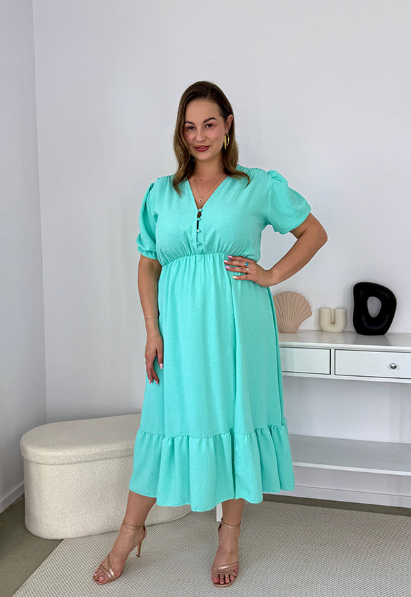 AMANDA GŁADKA MAXI PLUS SIZE SUKIENKA Z KRÓTKIMI RĘKAWAMI PRZED DŁUGA Z GUZIKAMI. MIETOWA 03 image 6