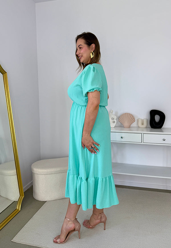 AMANDA GŁADKA MAXI PLUS SIZE SUKIENKA Z KRÓTKIMI RĘKAWAMI PRZED DŁUGA Z GUZIKAMI. MIETOWA 03 image 7