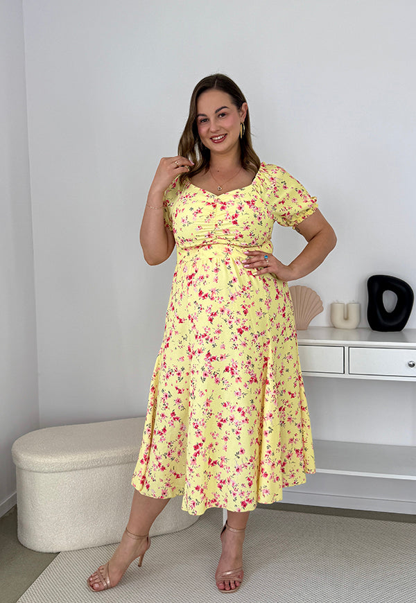 DAISY ROZKLOSZOWANA SUKIENKA MIDI HISZPANKA W KWIATY. CYTRYNOWA ŁACZKA 10 image 10