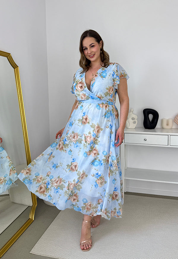 ALINA MAXI SUKIENKA SZYFONOWA DŁUGA PLUS SIZE W KWIATY. BŁĘKITNA 01 image 2