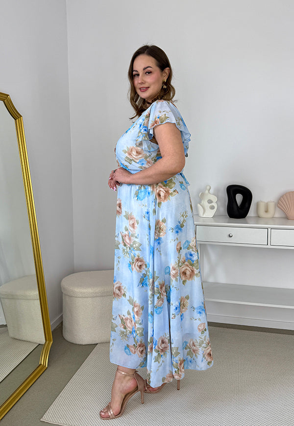 ALINA MAXI SUKIENKA SZYFONOWA DŁUGA PLUS SIZE W KWIATY. BŁĘKITNA 01 image 7