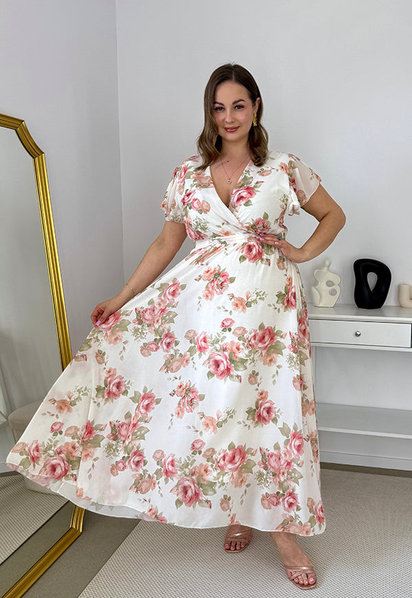 ALINA MAXI SUKIENKA SZYFONOWA DŁUGA PLUS SIZE W KWIATY. BIAŁA 02 image 9