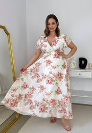 ALINA MAXI SUKIENKA SZYFONOWA DŁUGA PLUS SIZE W KWIATY. BIAŁA 02 image 9