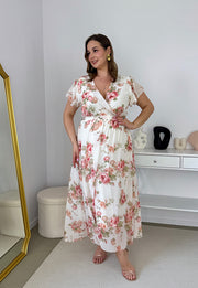 ALINA MAXI SUKIENKA SZYFONOWA DŁUGA PLUS SIZE W KWIATY. BIAŁA 02