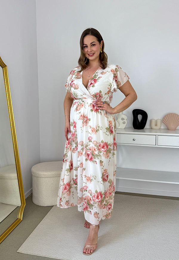 ALINA MAXI SUKIENKA SZYFONOWA DŁUGA PLUS SIZE W KWIATY. BIAŁA 02 image 3