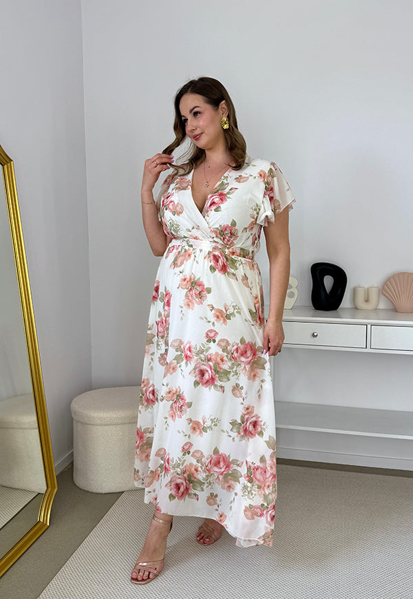 ALINA MAXI SUKIENKA SZYFONOWA DŁUGA PLUS SIZE W KWIATY. BIAŁA 02 image 4