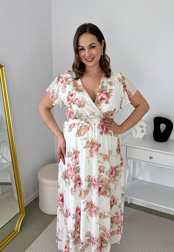 ALINA MAXI SUKIENKA SZYFONOWA DŁUGA PLUS SIZE W KWIATY. BIAŁA 02 image 2