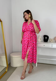CARMEN  II Z KRÓTKIM RĘKAWEM SUKIENKA MIDI PLUS SIZE W KWIATY.  RÓŻOWO/CZERWONA 21 image 6