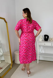 CARMEN  II Z KRÓTKIM RĘKAWEM SUKIENKA MIDI PLUS SIZE W KWIATY.  RÓŻOWO/CZERWONA 21 image 9