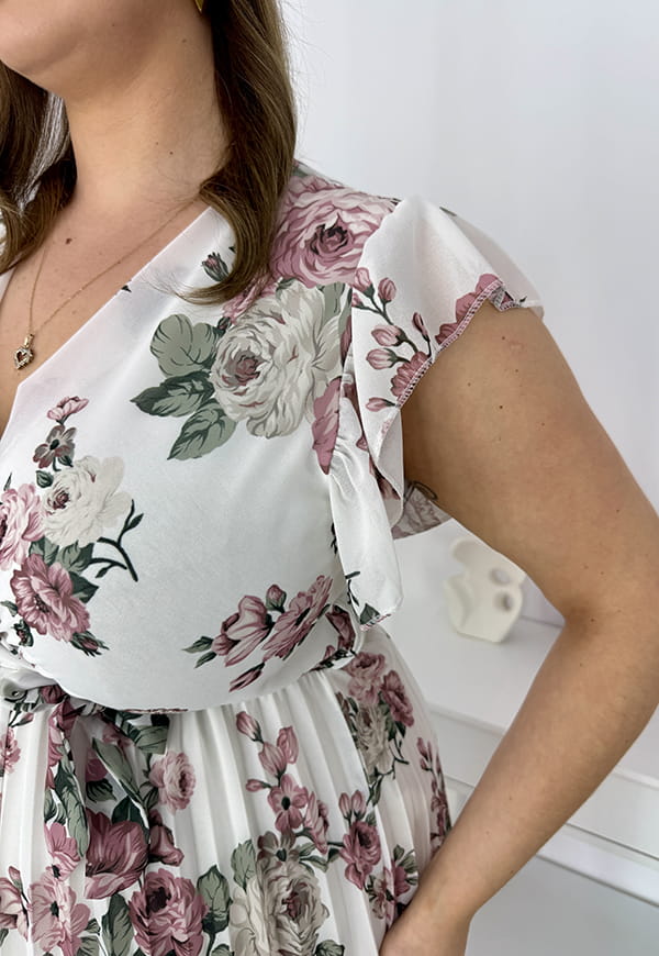 CLARET II SPRING SUKIENKA PLISOWANA PLUS SIZE DO KOLAN W KWIATY. BIAŁA W RETRO RÓŻE 04 image 10