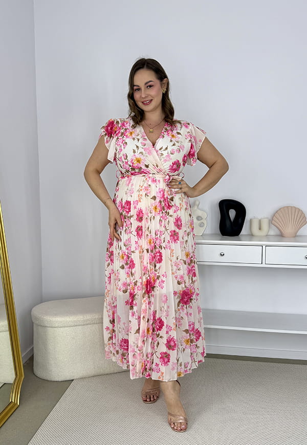 BELLA SUKIENKA MAXI PLUS SIZE  PLISOWANA W DROBNE KWIATY. FUKSJA/BIEL 11 image 3