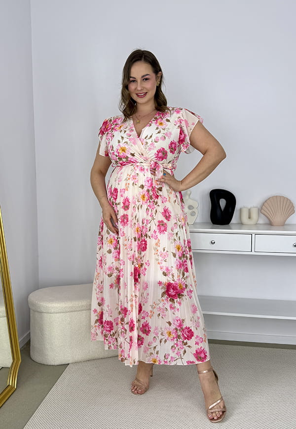 BELLA SUKIENKA MAXI PLUS SIZE  PLISOWANA W DROBNE KWIATY. FUKSJA/BIEL 11 image 5