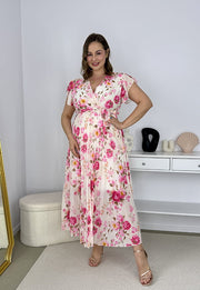 BELLA SUKIENKA MAXI PLUS SIZE  PLISOWANA W DROBNE KWIATY. FUKSJA/BIEL 11 image 5