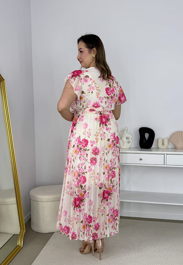 BELLA SUKIENKA MAXI PLUS SIZE  PLISOWANA W DROBNE KWIATY. FUKSJA/BIEL 11 image 9