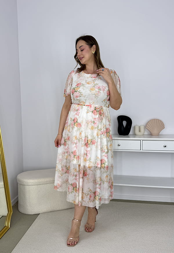 ABBY SUKIENKA MIDI PLUS SIZE Z ELASTYCZNEJ SIATECZKI  W KWIATY. BIAŁO/PUDROWA 03
