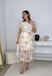 ABBY SUKIENKA MIDI PLUS SIZE Z ELASTYCZNEJ SIATECZKI  W KWIATY. BIAŁO/PUDROWA 03