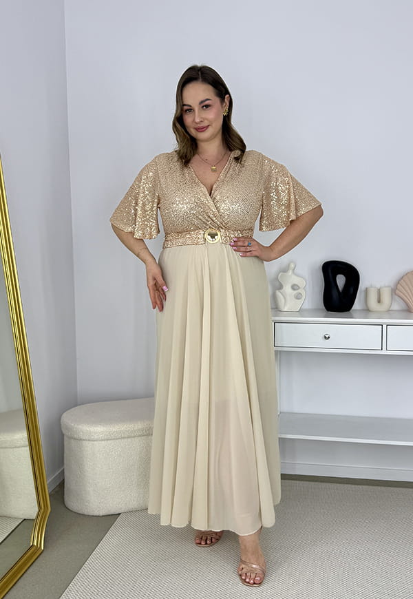 GRACY MAXI SUKIENKA DŁUGA PLUS SIZE Z SZYFONOWYM DOŁEM I CEKINAMI. ZŁOTA 08