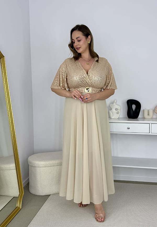 GRACY MAXI SUKIENKA DŁUGA PLUS SIZE Z SZYFONOWYM DOŁEM I CEKINAMI. ZŁOTA 08 image 3