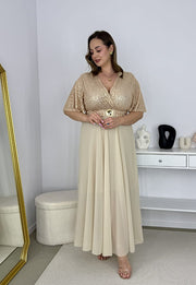 GRACY MAXI SUKIENKA DŁUGA PLUS SIZE Z SZYFONOWYM DOŁEM I CEKINAMI. ZŁOTA 08 image 3