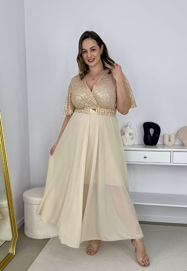 GRACY MAXI SUKIENKA DŁUGA PLUS SIZE Z SZYFONOWYM DOŁEM I CEKINAMI. ZŁOTA 08 image 4