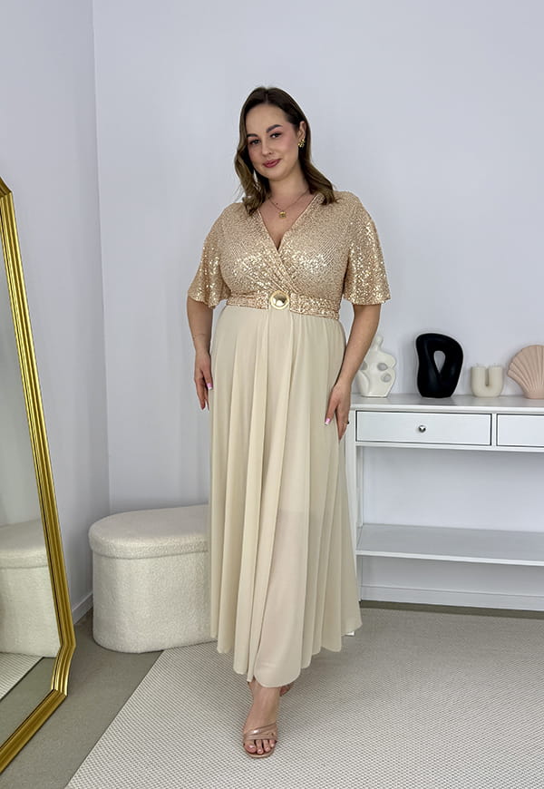 GRACY MAXI SUKIENKA DŁUGA PLUS SIZE Z SZYFONOWYM DOŁEM I CEKINAMI. ZŁOTA 08 image 6