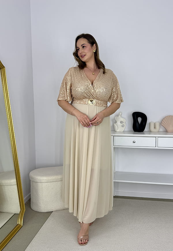 GRACY MAXI SUKIENKA DŁUGA PLUS SIZE Z SZYFONOWYM DOŁEM I CEKINAMI. ZŁOTA 08 image 7