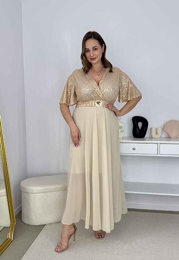 GRACY MAXI SUKIENKA DŁUGA PLUS SIZE Z SZYFONOWYM DOŁEM I CEKINAMI. ZŁOTA 08 image 8